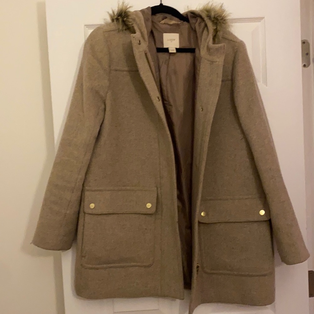 J. Crew Beige Wool Blend Hooded Coat with Faux Fur Trim